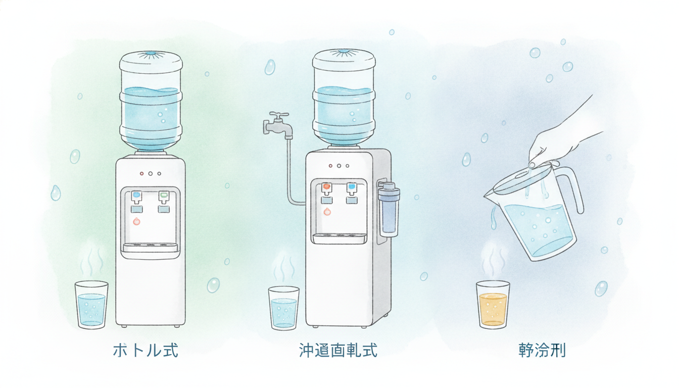 給水方式の違いと仕組み(ボトル式・水道直結式・浄水型)